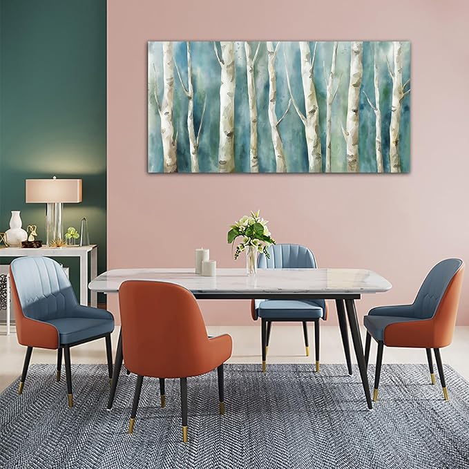 Birch Trees Canvas Wall Art - Abstract Birch Pictures for Wall Decor Modern Turquoise Canvas Painting Nature Printing Artwork for Living Room Bedroom Home Office Wall Decoration 29" x 58"