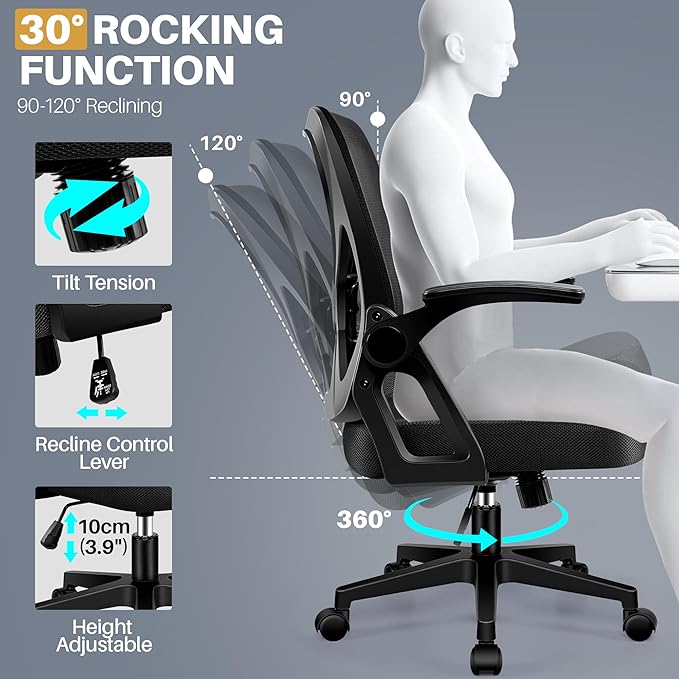 FelixKing Office Chair - Ergonomic Desk Chair Breathable Mesh Task with Wheels and Lumbar Support Home Desk Office Chairs with Flip up Armrest Rolling Swivel for Home Computer Black