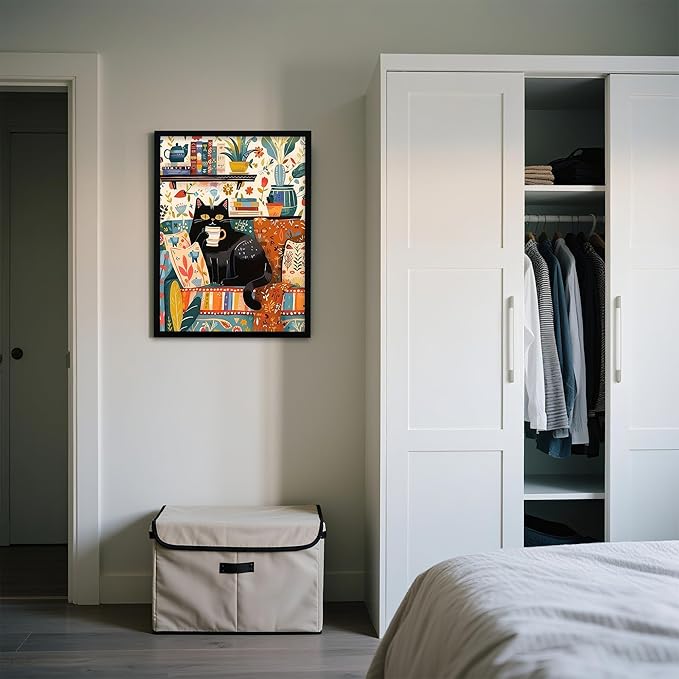 Framed Vintage Cat Canvas Wall Art, Funny Pink Animal Reading Books Painting Picture Print, Cute Kitten Lovers Aesthetic Wall Decor for Nursery Girls Room Bedroom Kids Room 16''L x 12''W