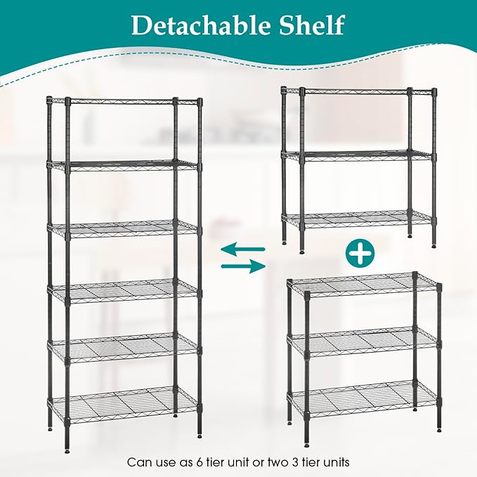 PayLessHere 6-Shelf Adjustable Standing Shelf Storage Shelf Wire Shelving Unit Metal Shelves Unit Shelving 13" W X 23D X 59 "H,Black