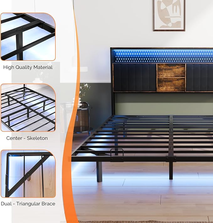 VINGLI Floating Bed Frame Queen with LED Lights and Charging Station,Sturdy Metal Platform Bed,Hidden Storage Velvet Upholstered Headboard,No Box Spring Needed,Easy Assembly