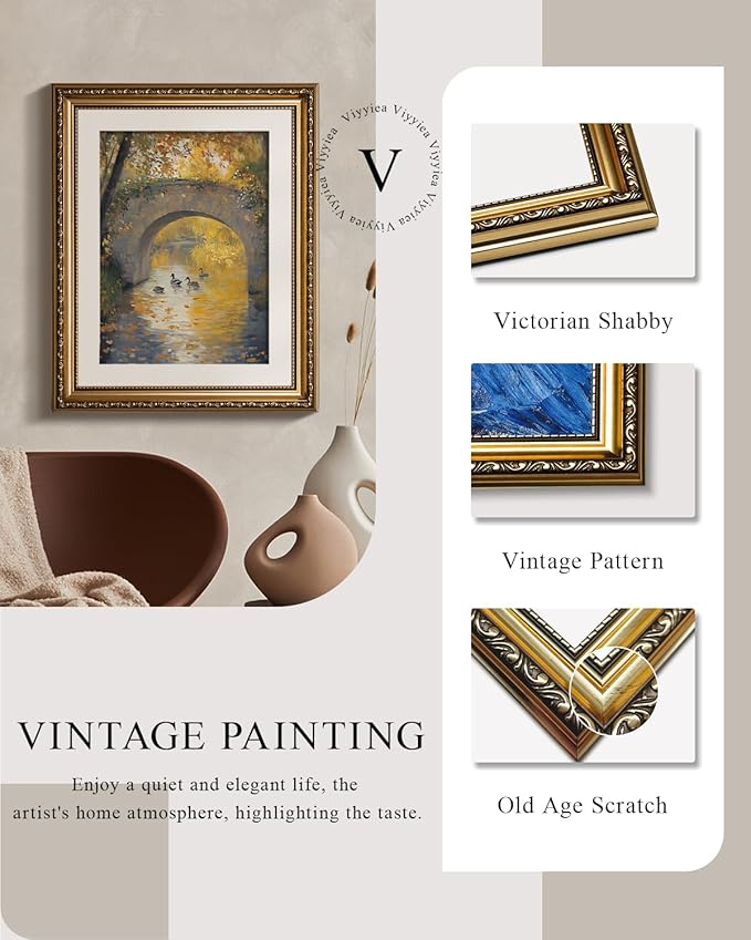 VIYYIEA Gold Framed Wall Art, Stone Bridge Canvas Print Home Decor Vintage Art Painting Picture Bathroom Wall Decor, Landscape Artwork for Living Room Bedroom Kitchen Office - 16L x 13W