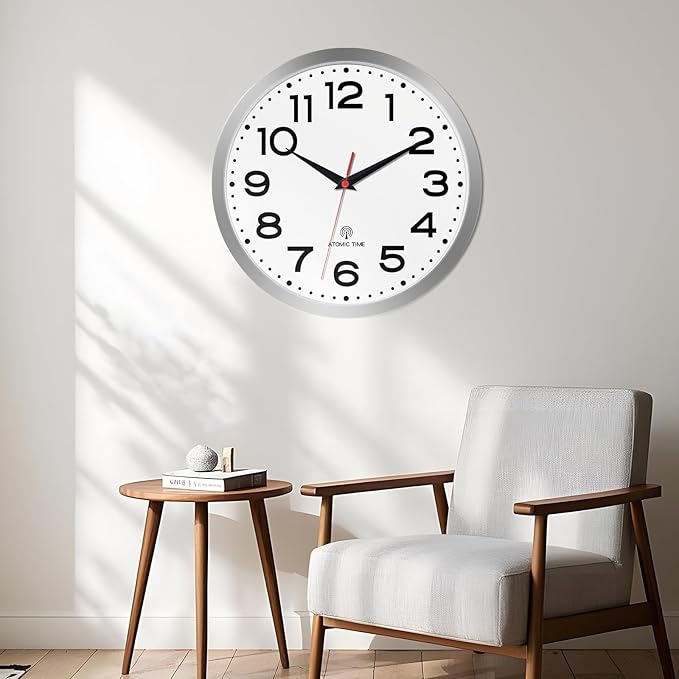 Atomic Wall Clock 10 Inch, Modern Clock Battery Operated Classic Analog Decorative for Kitchen, Living Room, Office, Bedroom, Bathroom (Silver)