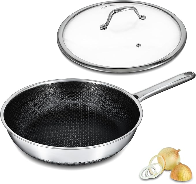 Hybrid Nonstick Frying Pan with Lid 12 Inch,Stainless Steel Honeycomb Pan Compatible with All Cooktops Dishwasher and Oven Safe
