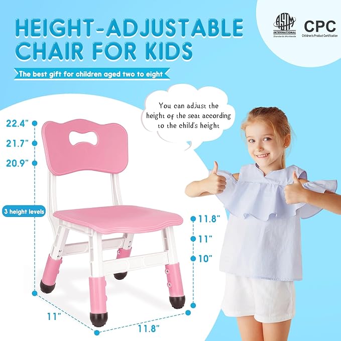 Kids Height Adjustable Toddler Chair Max Load 220LBS Plastic Indoor Outdoor for Children Age 1-6 School Home Daycare Use Pink
