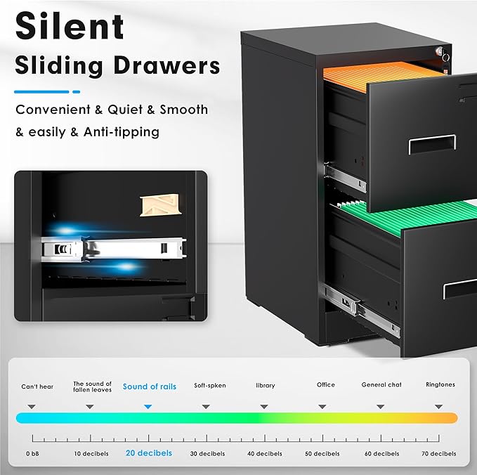 Greenvelly 2 Drawer File Cabinet with Lock, Black Metal Vertical Filing Cabinet for Home Office Fit Legal/Letter/A4/F4 Size with Hanging Bars&Key