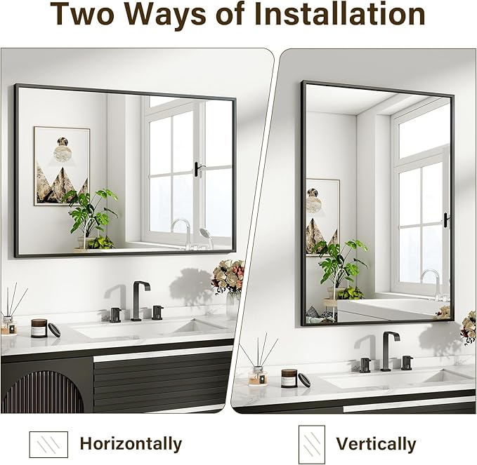 HARRITPURE 24"x36" Framed Bathroom Mirror for Wall Rectangle Mirror Aluminum Alloy Frame Wall-Mounted for Farmhouse Entryway Bedroom Living Room Black