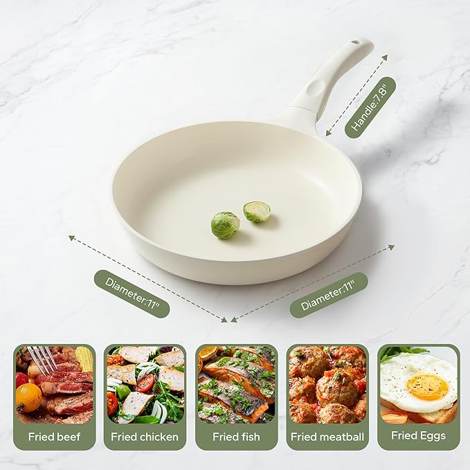 Redchef Ceramic Pan Nonstick, Nonstick Frying Pan, Large Fry Pans, PFAS & PFOA-Free, Non-Toxic, Induction Compatible Pans, Ergonomic Handles, Suitable for All Stove, Beige White, 11"