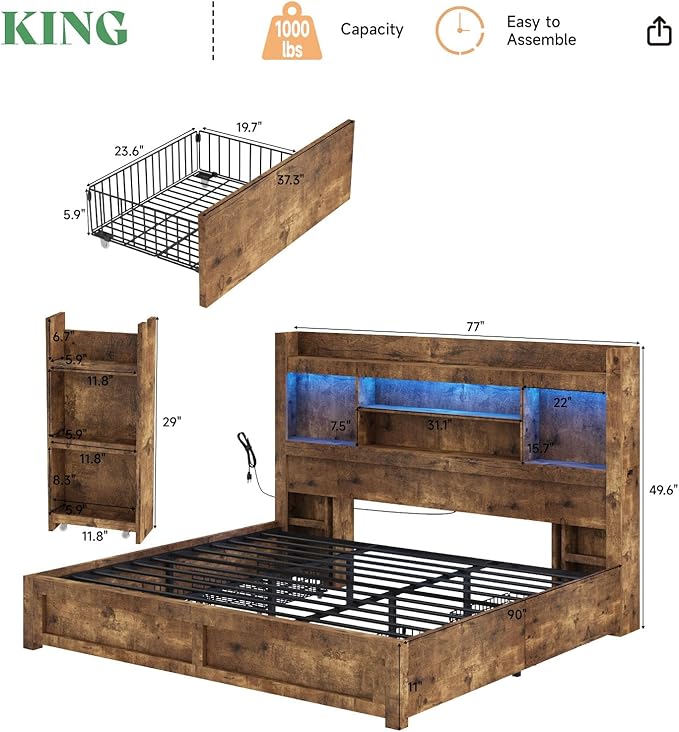 AMERLIFE King Size Bed Frame with 4 Storage Drawer & 2 Slide Bedside Table, Wood Bed Frame with 49.6" Tall Bookcase Headboard, LED Platform Bed with Charging Station, No Box Spring Needed/Rustic Brown