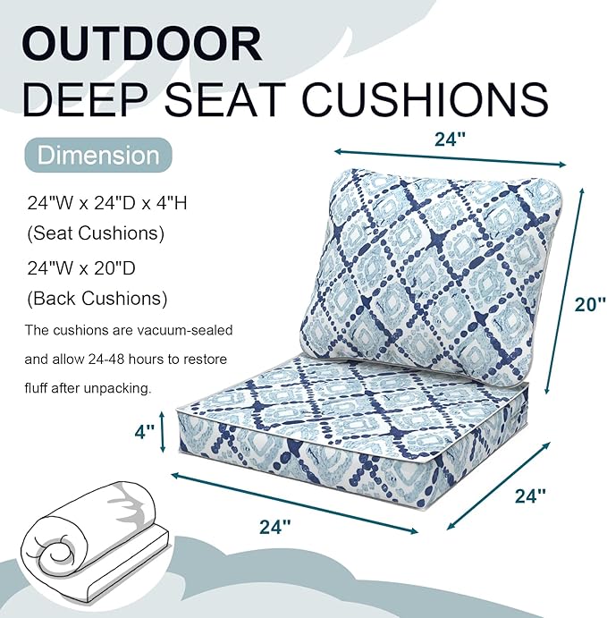 Outdoor Deep Seat Cushions Set 24 x 24 Inch for Patio Furniture,Water Resistant Chair Cushions Replacement Includes Seat Cushion & Back Pillow for Couch Sofa, Wicker Chair - Boho Geometry Blue