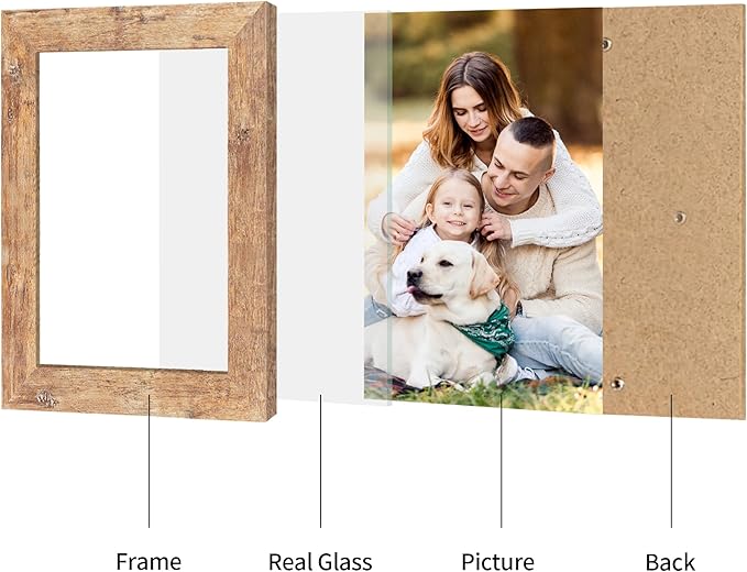 6x9 Picture Frame Set of 4, High Definition Real Glass Rustic Brown Frame, 6 x 9 Photo Frames for Tabletop Display and Wall Mounting