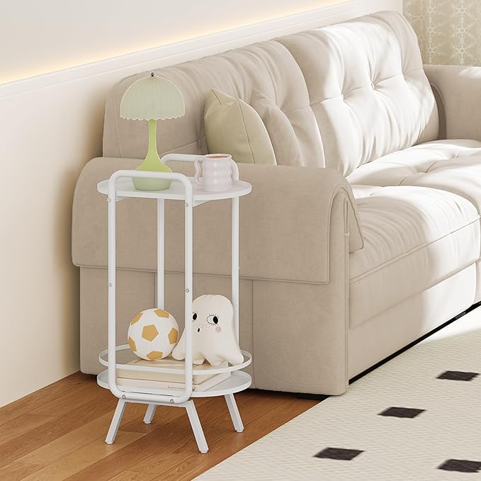HOOBRO White Side Table, 2 Tier Oval End Table with Tray Storage, Small Cute Kids Nightstand for Living Room, Bedroom, Dorm WT184BZ01