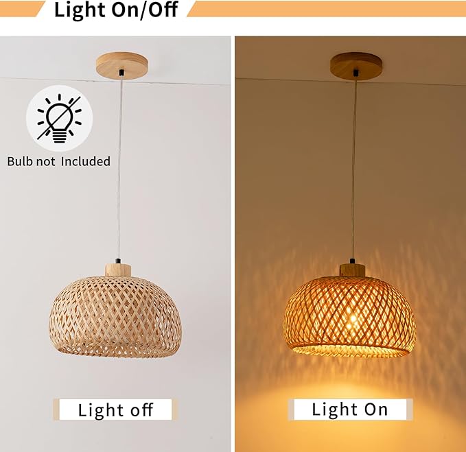 18inch Bamboo Rattan Pendant Light, Hand-Woven Wicker Boho Hanging Ceiling Light Fixture, Beige Pendant Lamp Rustic Farmhouse Chandelier for Kitchen Island, Dining Room, Bedroom, Living Room