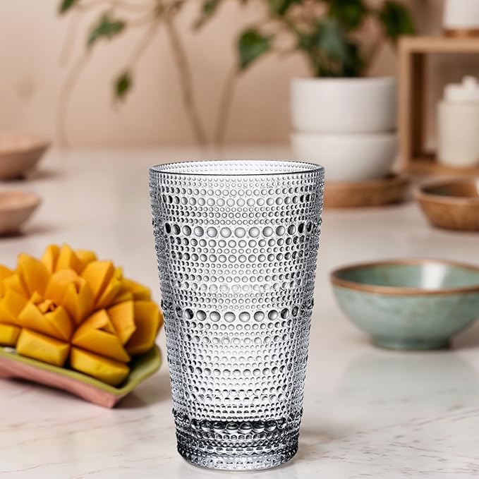 16oz Hobnail Highball Glasses[Set of 4] - Tall Water Glass Cup Glassware Set Fits New Home of Newlyweds, Dishwasher Safe, Stackable Design