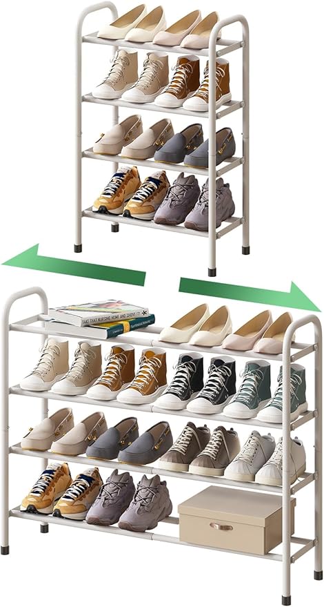 Expandable Shoe Rack, 4-Tier Expandable Metal Shoe Rack,Shoe Shelf for Closet, Entryway & Hallway