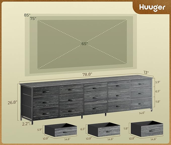 Huuger 78.7 inch Long Dresser for Bedroom, 15 Drawer Fabric Dresser for Closet, Large TV Stand for 65, 75, 85 inch TV, Wide Chest of Drawer with Storage, 78.7" W x 12.9" D x 26.7" H, Charcoal Black
