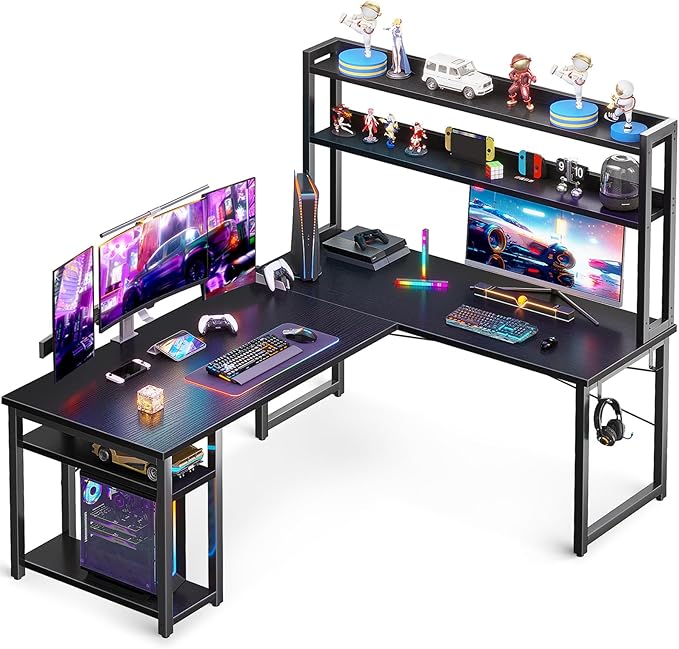 ODK 59 Inch L Shaped Gaming Desk with Hutch, Computer Desk with Storage Shelves, L Shaped Desk for Home Office, Corner Desk with Headphone Hook, Black
