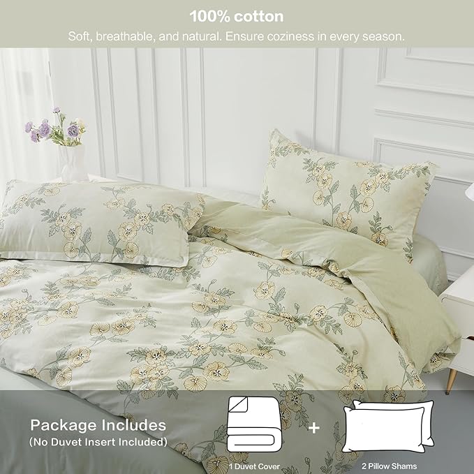 SAPHREAS Green Leaf Cotton Duvet Cover Set Full Size 3pcs Tropical Botanical Yellow Flower Bedding Comforter Cover Set 1 Duvet Cover 2 Pillow Shams, Comforter Not Included