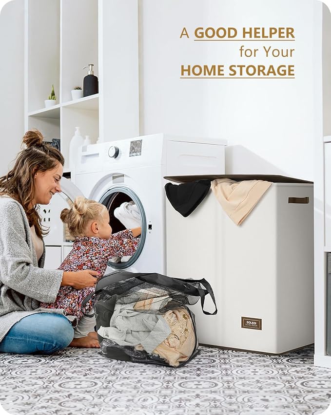 SOLEDI Luxury Double Laundry Hamper with Lid and Removable Bags, Large Hamper for Laundry, Laundry Basket 2 Sections, Collapsible Ditry Clothes Hamper for Bedroom, Laundry Room, Bathroom, Off-white