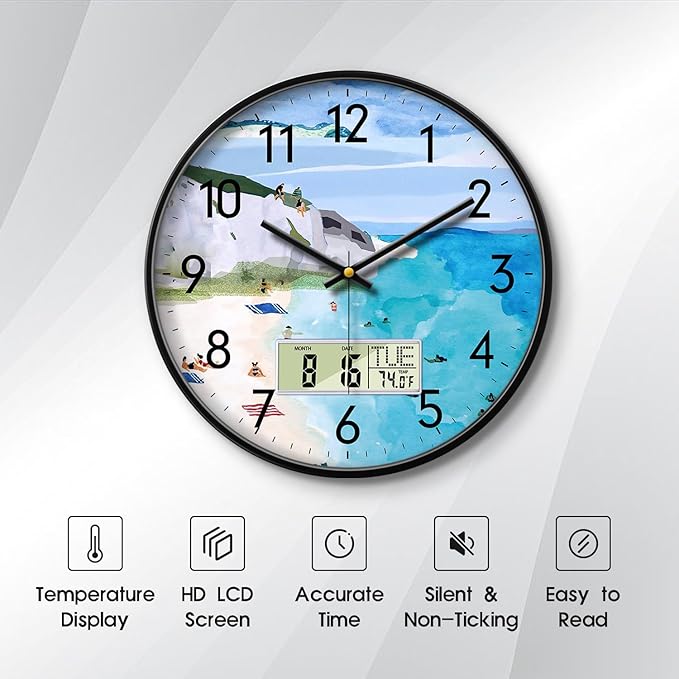 Silent Wall Clock with Temperature Day and Date Blue Mountain and Sea Beach Non-ticking Kitchen Clock Digital Large Display Battery Operated Clocks Decor for Bathroom Living Room Office 14 Inch
