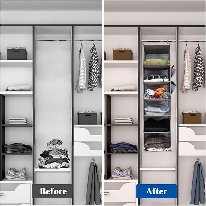 2 Packs Hanging Closet Organizer, 6-Shelf Closet Organizers and Storage with Side Pockets, Collapsible Hanging Shelves for Closet & RV & College Dorm,Black