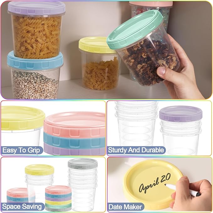 6pcs 32 oz Plastic Containers with Screw Top Lids, Reusable Clear Food Storage Containers with Pen and Brush, Leakproof Freezer Soup Containers, Microwave & Dishwasher Safe