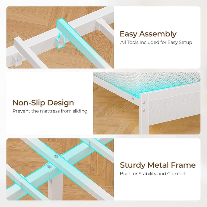 Seventable Queen Bed Frame with 4 Storage Drawers, Charging Station & LED Lights, Upholstered Headboard with 2-Tier Shelves, Metal Platform Bed, No Box Spring Needed, Noise-Free, White