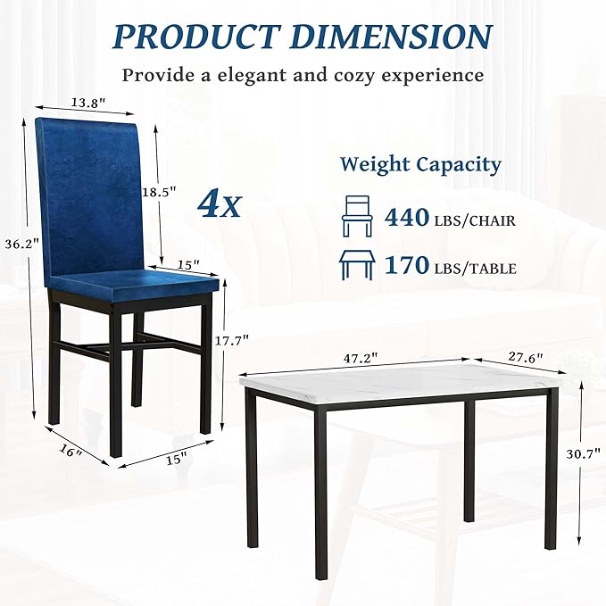 Dining Table Set for 4, 47.2" Faux Marble Kitchen Table Set with 4 Upholstered Velvet Chairs, Dinette Table Set for Dining Room, Kitchen, Breakfast Corner (Blue)