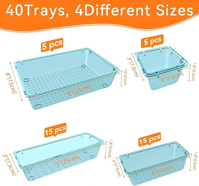 WOWBOX 40 PCS Plastic Drawer Organizer Set, 4 Sizes Desk Drawer Organization and Storage Containers for Makeup, Cosmetics, Jewelry and Gadgets in Kitchen, Bathroom, Bedroom, Office, Clear Sea Blue