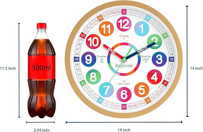 Learning Clock for Kids Telling Time Easily Teaching Clock Silent Non Ticking Battery Operated Colorful Teaching Time Large Clock Decorative for Kids Room Classroom School Playroom (14 Inch)
