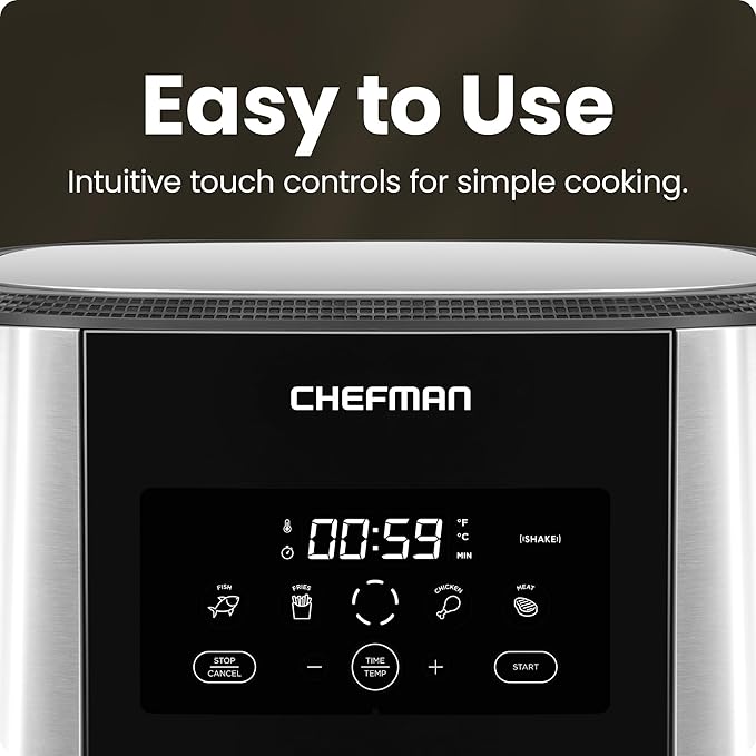 Chefman TurboFry® Touch Air Fryer, XL 8-Qt Family Size, One-Touch Digital Control Presets, French Fries, Chicken, Meat, Fish, Nonstick Dishwasher-Safe Parts, Automatic Shutoff, Stainless Steel