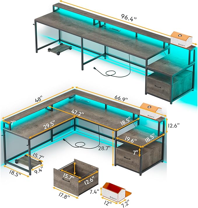 SEDETA L Shaped Desk, 66" Home Office Desk with File Drawer and Power Outlet, Corner Computer Desk with Monitor Shelf, Printer Storage Shelves, Gaming Desk with Led Lights, Two Person Desk, Walnut