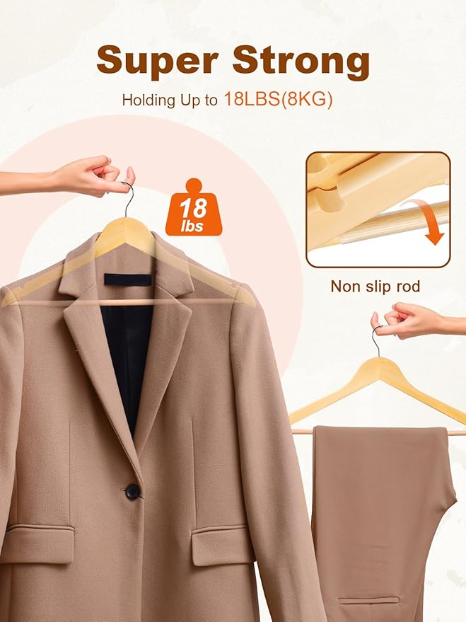 HOUSE DAY Wooden Hangers 30 Pack, Solid Wood Clothes Hangers with Non Slip Pant Bar, Heavy Duty Wooden Coat Hanger for Closet, Smooth Finish Wood Hangers for Shirts, Suits Jackets, Dress, Natural