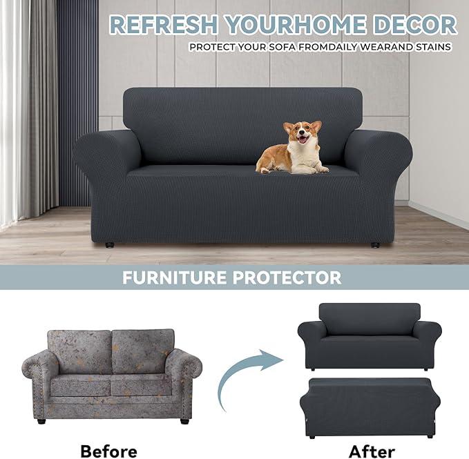 LURKA Stretch Loveseat Sofa Slipcovers 1 Piece Couch Covers for Sofa Furniture Protector Full Sofa Covers with Elastic Bottom for Kids and Dog (Medium, Dark Grey)