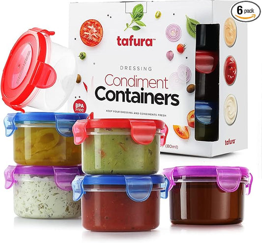 Salad Dressing Container to go, 6 Pack | 2.7 Oz. Dressing Containers for Lunch Box | Small Containers with Lids | Dip Containers for Lunch Box | Condiment Containers with Lids, Leakproof, BPA Free