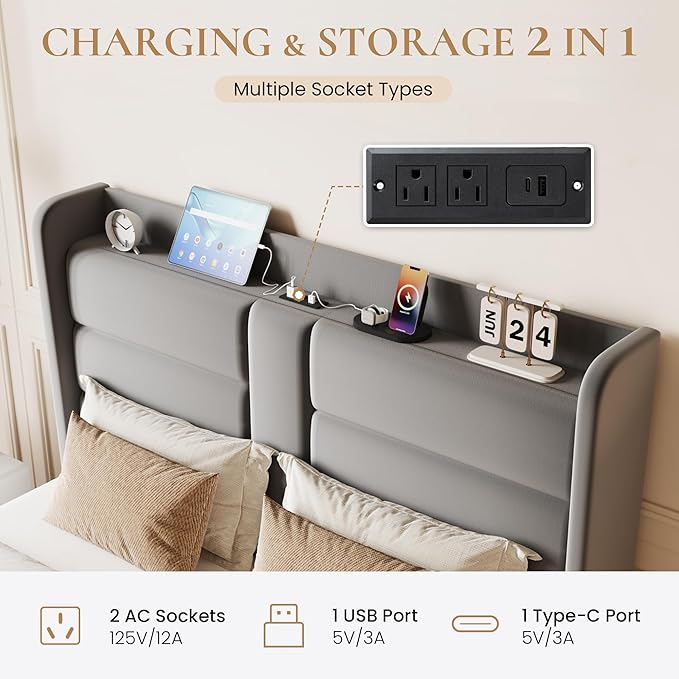 SHA CERLIN Full Size Bed Frame with Charging Station & Storage Headboard, Velvet Platform Bed with Upholstered Modern Wingback Design, Wooden Slats Support, No Box Spring Needed, Easy Assembly, Grey