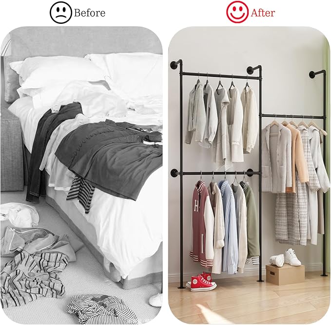 Industrial Pipe Clothing Rack Wall Mount, Black Pipe Clothes Rack with 3 Hanging Rods, Heavy Duty Pipe Clothing Rack for Laundry Room, Closet Systems for Walk in Closets