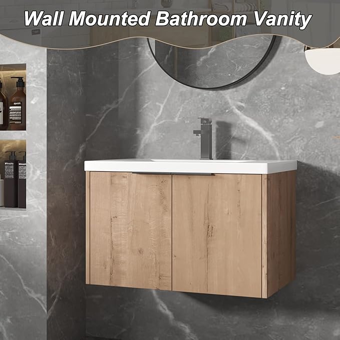 Goujxcy 30" Wall Mounted Vanity With Sink, Modern Floating Cabinet With White Resin Wash Basin & Storage, Soft-Close Door Plywood Hanging Bathroom Cabinet (Imitative Oak)
