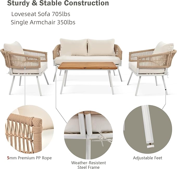 4-Piece Rope Outdoor Furniture Set - Patio Conversation Sofa Set with Acacia Wood Table, Metal Furniture with Deep Seating & Thick Cushion for Backyard, Balcony, Deck, Beige