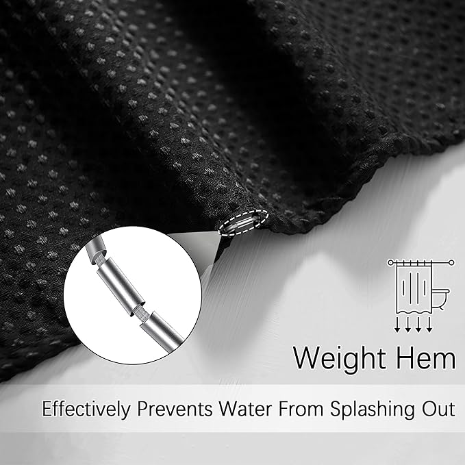 Shower Curtain Black Waffle Textured, 256GSM Heavy Duty Weighted Fabric Shower Curtains, Hotel Quality Luxury Polyester Water Repellent Bathroom Curtain with 12 Hooks, 72Wx78H