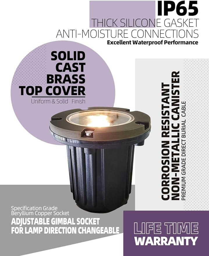 MALORY Brass Top Cover Landscape Well Lights, (4.6''H) 12V Low Voltage Outdoor In Ground Lights,Landscape Lighting for Pathway, Driveway and Garden 10-Pack with Bulb (Flat Top)