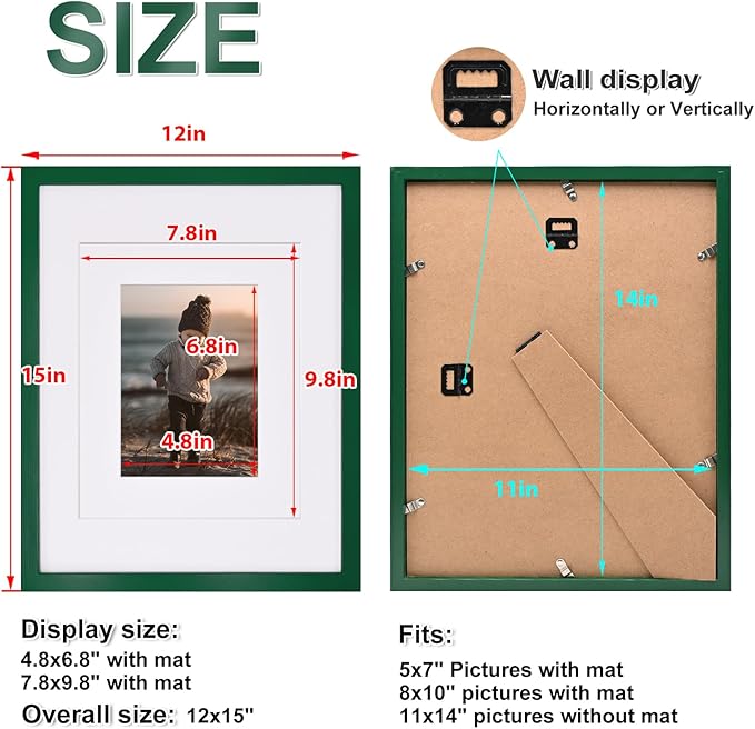 KINLINK 11x14 Picture Frame Green, Solid Wood Frames with Acrylic Plexiglass for Pictures 5x7/8x10 with Mat or 11x14 without Mat, Tabletop and Wall Mounting Display, Set of 4