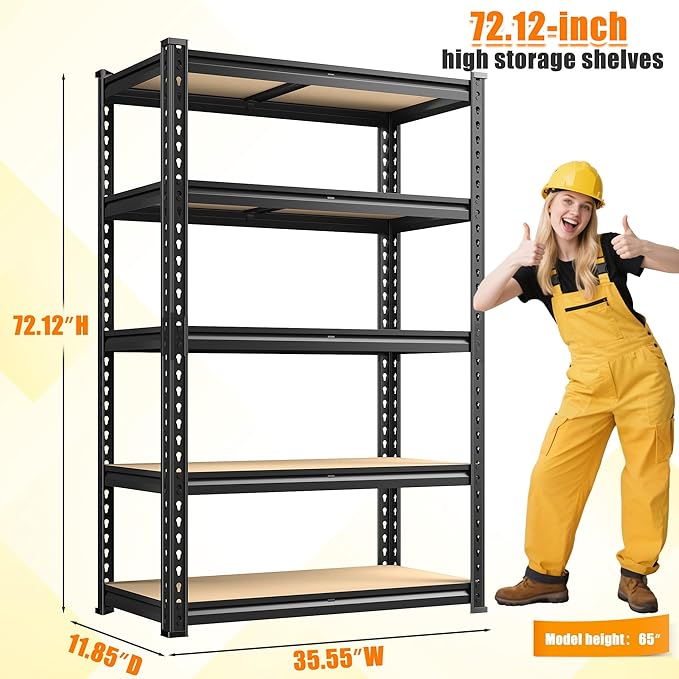 72.12" H Garage Shelving, Storage Shelves Load 2100LBS, 5-Tier Adjustable Shelving Unit with Thickened Wooden Boards for Multiple Scenarios, 72.12" H x 35.55" W x 11.85" D, Black, 3 Pack