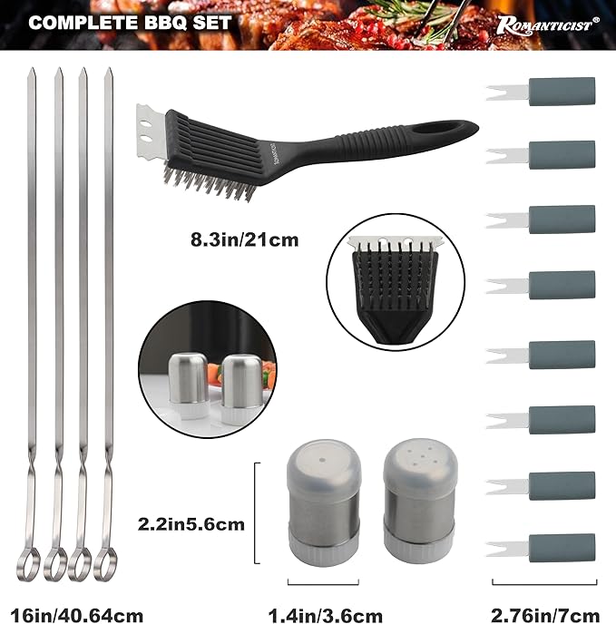 ROMANTICIST 20pcs Heavy Duty BBQ Grill Tool Set in Case - The Very Best Grill Gift for Father's Day and Christmas - Professional BBQ Accessories Set for Outdoor Cooking Camping Grilling Smoking, Grey