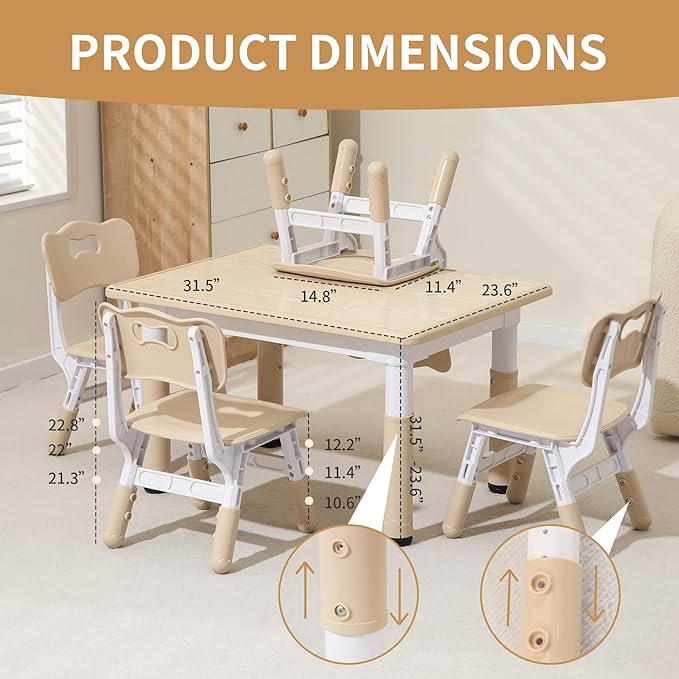 Toddler Table and Chairs, Kids Table and 4 Chairs Set with Graffiti Desktop, Height-Adjustable Kids Study Table for Boys and Girls Aged 3-8, Max 300lbs