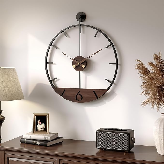 16 Inch Wall Clock with Walnut Wood Dial, Modern Decorative Clock Silent Non-Ticking Battery Operated Metal Frame for Living Room, Kitchen, Office, or Bedroom Wall Decor, Black and Brown