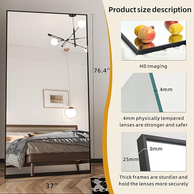 Beauty4U 76" x 37" Large Full Length Mirror With Stand, Black Wall Mounting Full Body, Metal Frame for Living Room, Bedroom