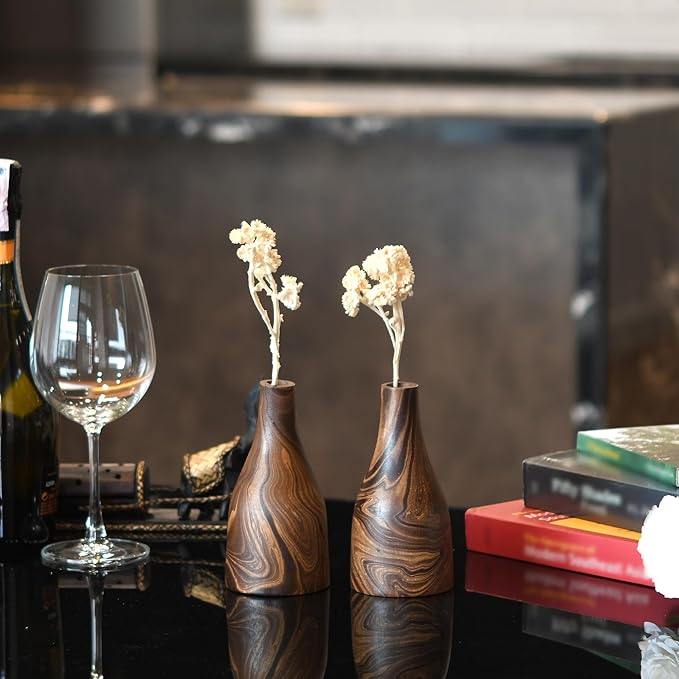 Aeravida Artistic Grain Pattern Natural Mango Tree Wood Flower Set of 2 Vase | Modern Farmhouse Home Décor | Kitchen Bedroom Living Room Home Decoration