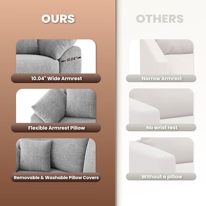 90" Boneless Loveseat Sofa, Cloud Foam Couch, 3 Seater Upholstered Midcentury Mondern Love Seat, Wide Armrest and 4 Pillows for Home Living Room/Small Spaces, No Assembly Required, Grey