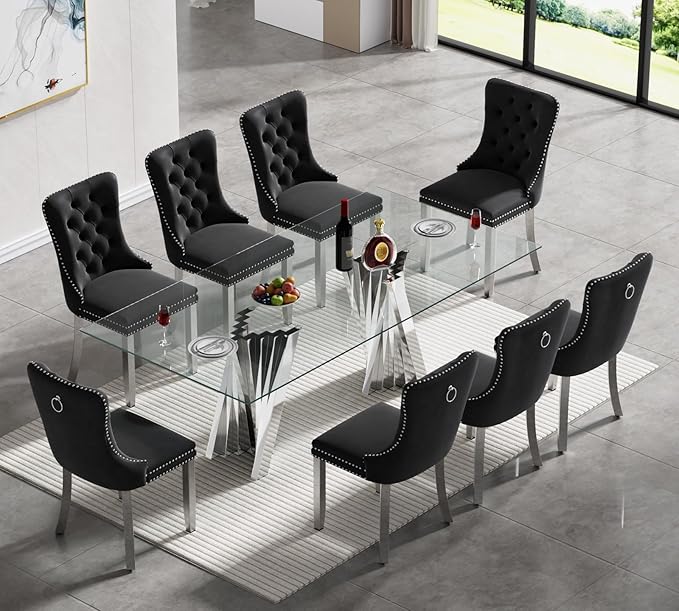 Goujxcy 70" Glass Dining Table Set for 8, Modern Silver Dining Table Set with 8 Black Velvet Upholstered Dining Chairs, 9 Piece Kitchen Dining Room Table Set with Stainless Steel Legs